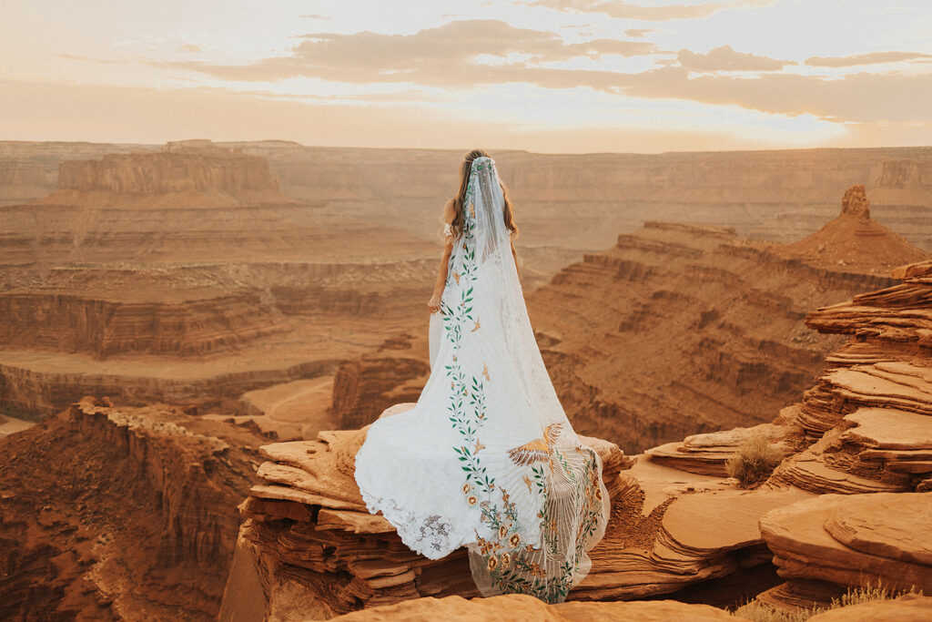 Bride eloping in Utah, Dead Horse Point State Park on red cliff