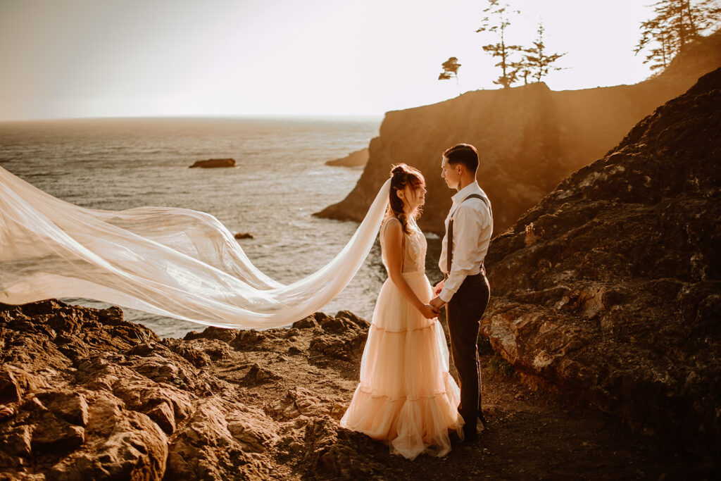 Couple eloping on Oregon's rugged coastline.